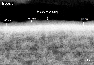 SEM Analysis of a passivation on Zn to determine the coating thickness SEM Analysis of a passivation on Zn to determine the coating thickness